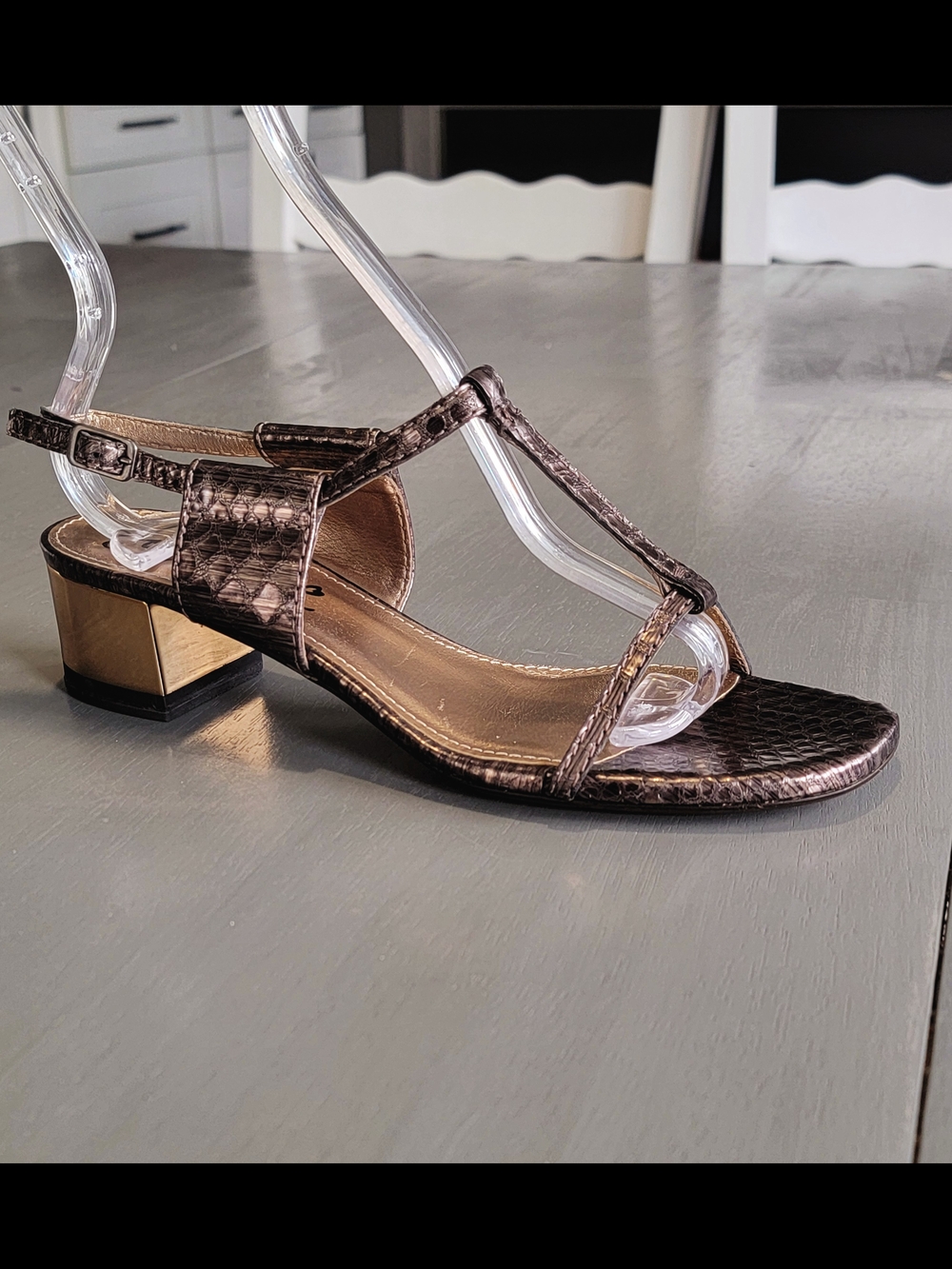 LANVIN Metallic Bronze Leather T-Strap Sandals - Gold Block Heel - Size 37.5